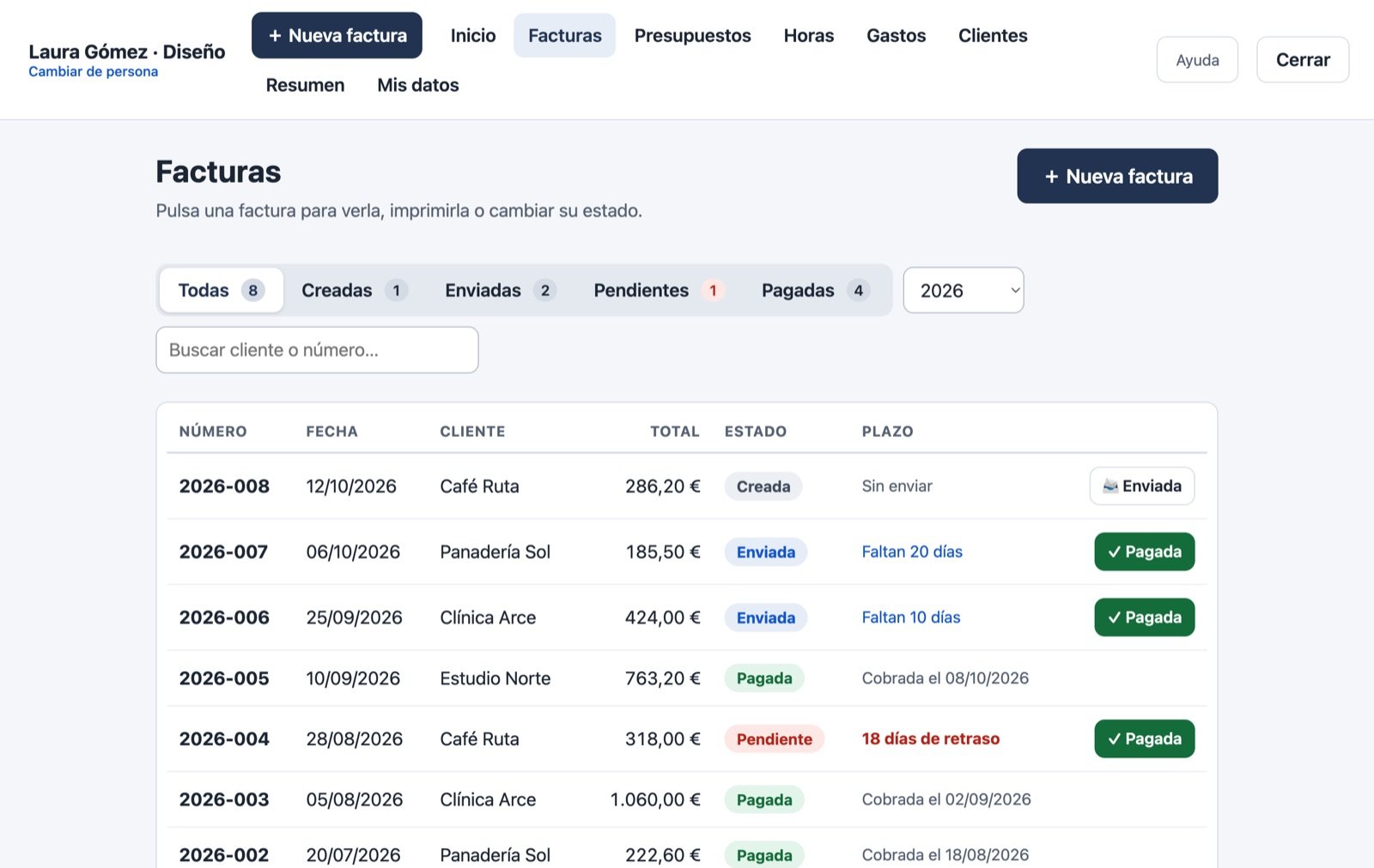 Lista de facturas de FactuFactu con estados creada, enviada, pendiente y pagada
